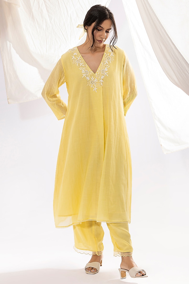 Light Yellow Chanderi Mul Chikankari Embroidered Kurta Set by Pants and Pajamas