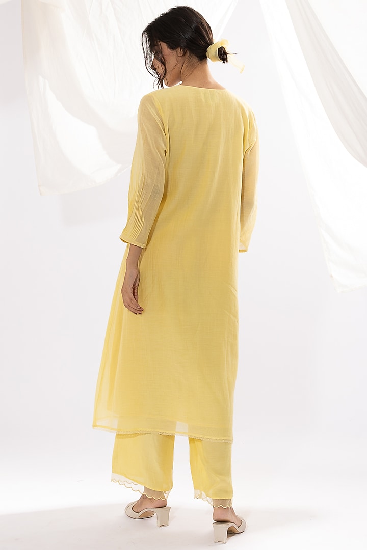 Light Yellow Chanderi Mul Chikankari Embroidered Kurta Set by Pants and Pajamas at Pernia's Pop Up Shop