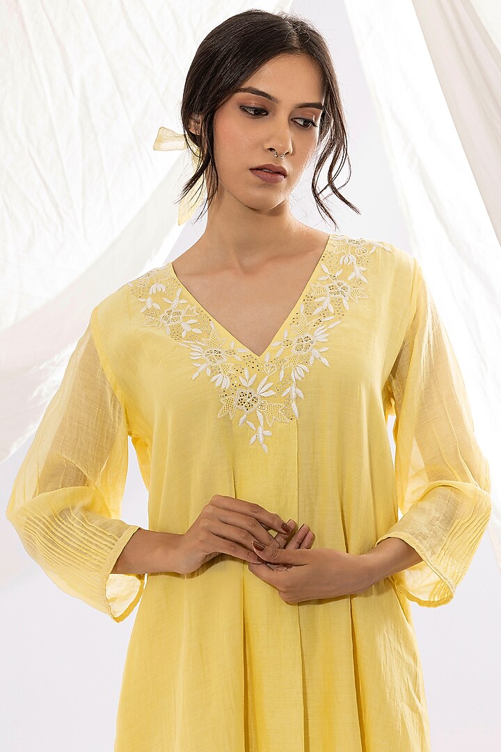 Light Yellow Chanderi Mul Chikankari Embroidered Kurta Set by Pants and Pajamas at Pernia's Pop Up Shop