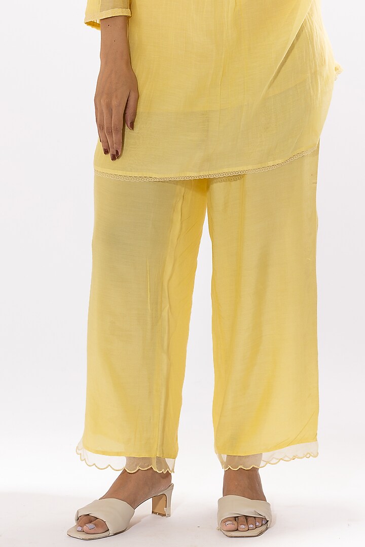 Light Yellow Chanderi Mul Chikankari Embroidered Kurta Set by Pants and Pajamas at Pernia's Pop Up Shop