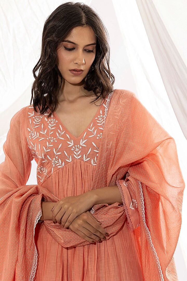 Peach Chanderi Mul Chikankari Embroidered Kurta Set by Pants and Pajamas at Pernia's Pop Up Shop
