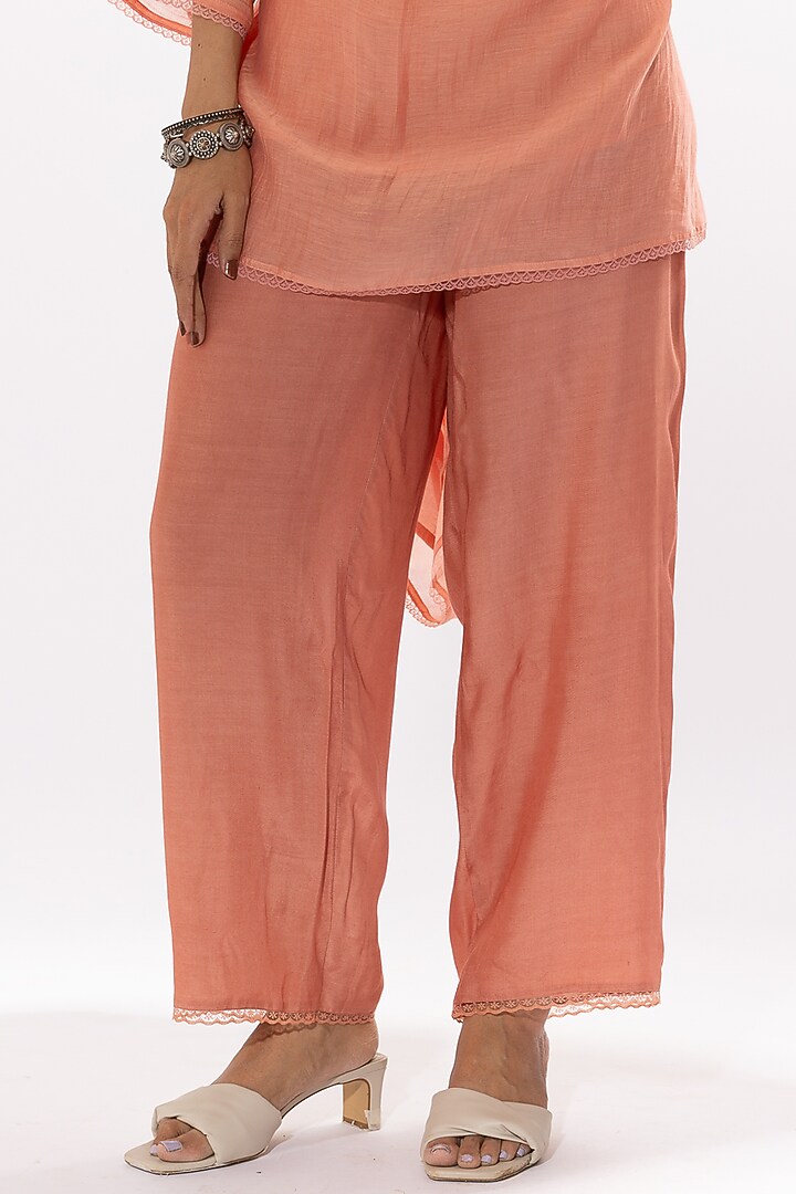 Peach Chanderi Mul Chikankari Embroidered Kurta Set by Pants and Pajamas at Pernia's Pop Up Shop