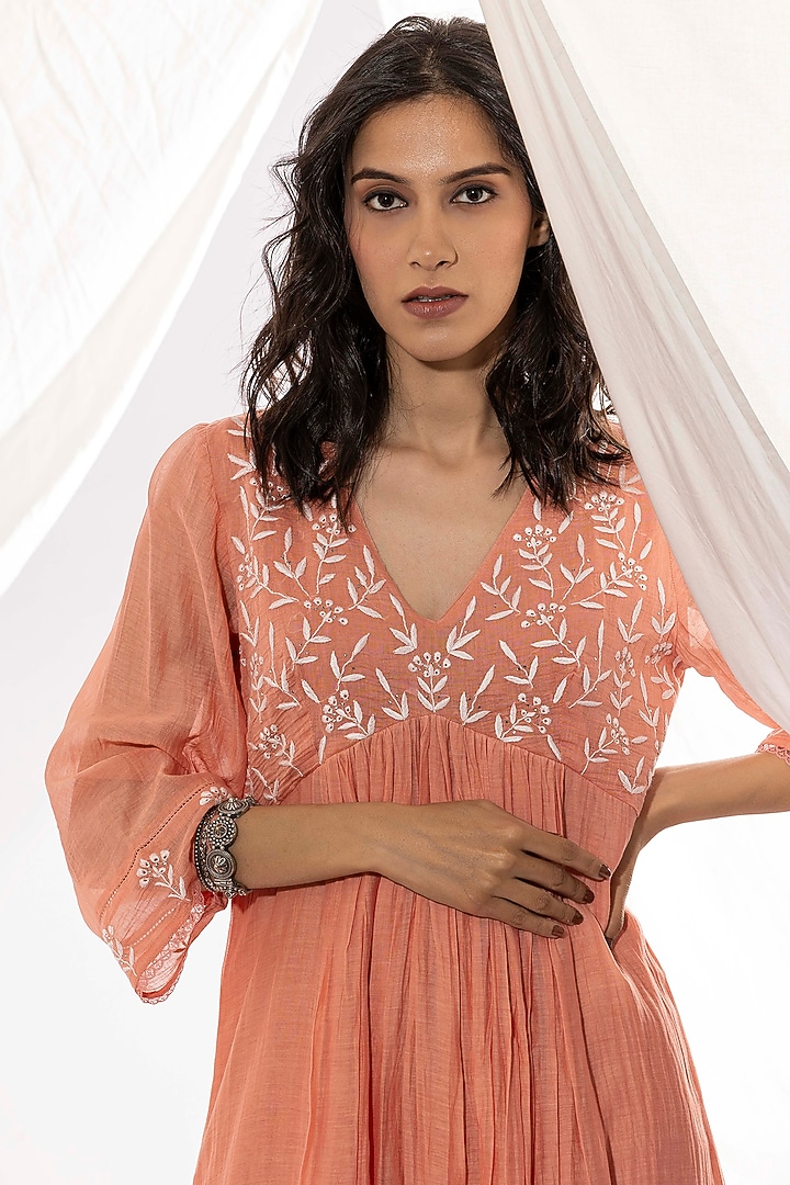 Peach Chanderi Mul Chikankari Embroidered Kurta Set by Pants and Pajamas at Pernia's Pop Up Shop