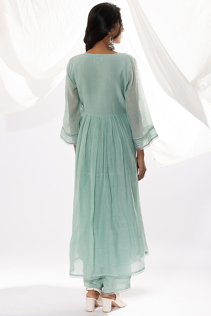 Aqua Chanderi Mul Chikankari Embroidered Kurta Set by Pants and Pajamas at Pernia's Pop Up Shop