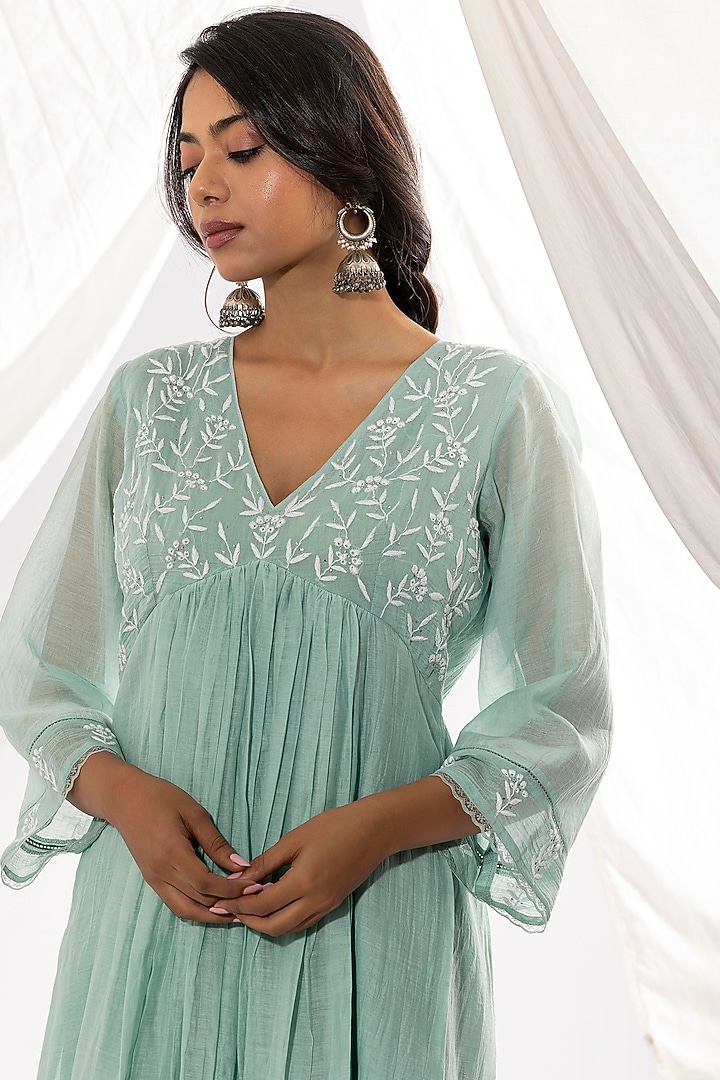 Aqua Chanderi Mul Chikankari Embroidered Kurta Set by Pants and Pajamas at Pernia's Pop Up Shop