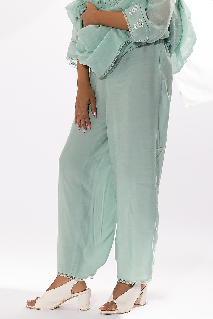 Aqua Chanderi Mul Chikankari Embroidered Kurta Set by Pants and Pajamas at Pernia's Pop Up Shop
