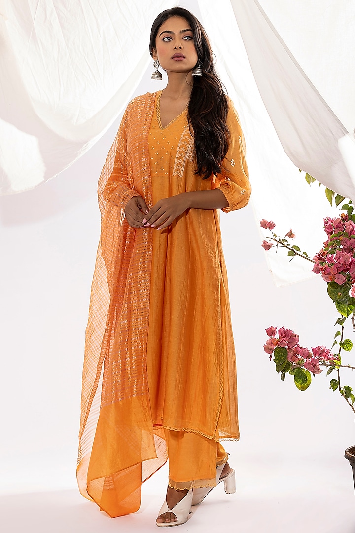 Orange Chanderi Mul Chikankari Embroidered Kalidar Kurta Set by Pants and Pajamas
