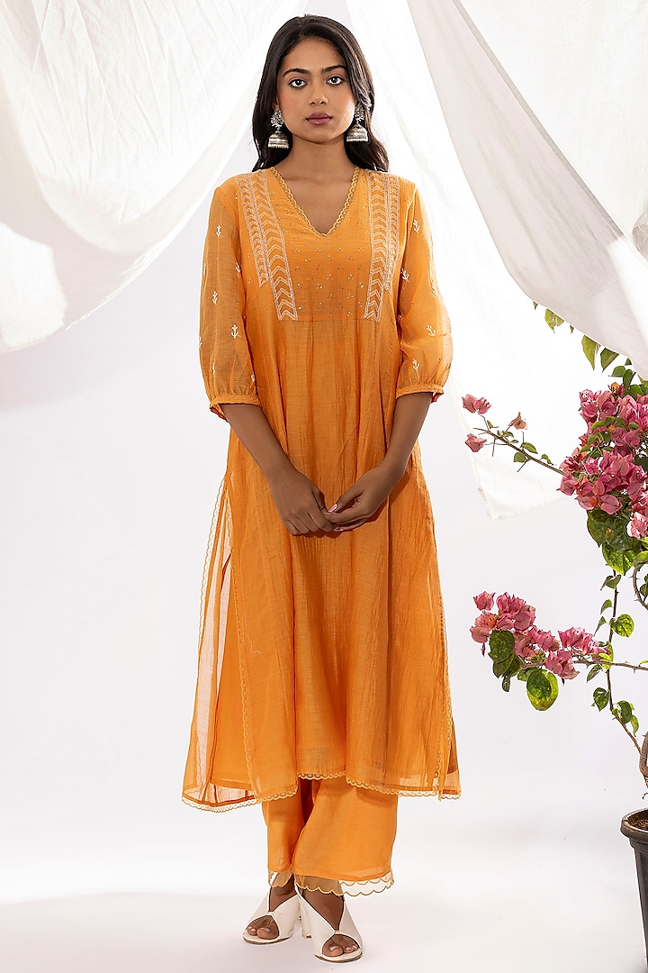 Orange Chanderi Mul Chikankari Embroidered Kalidar Kurta Set by Pants and Pajamas