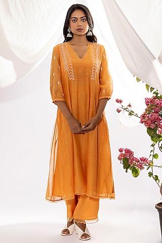 Orange Chanderi Mul Chikankari Embroidered Kalidar Kurta Set by Pants and Pajamas