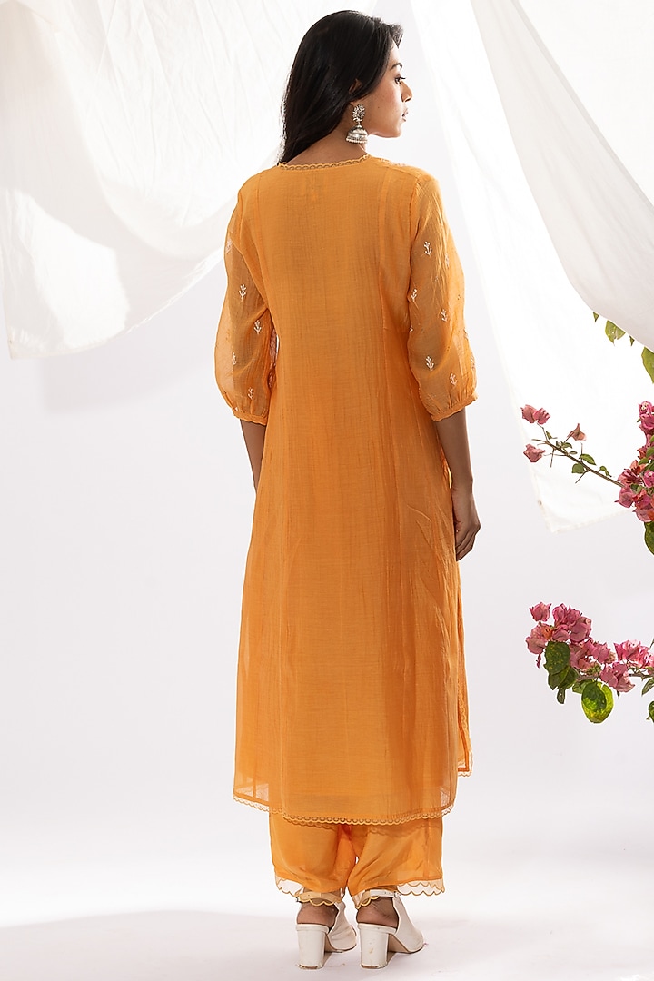 Orange Chanderi Mul Chikankari Embroidered Kalidar Kurta Set by Pants and Pajamas at Pernia's Pop Up Shop