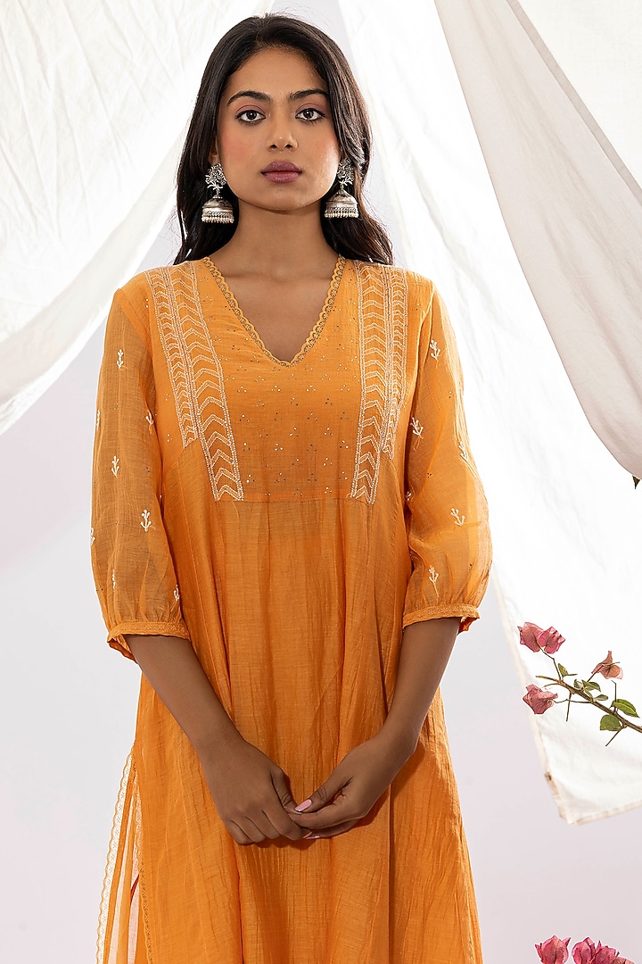 Orange Chanderi Mul Chikankari Embroidered Kalidar Kurta Set by Pants and Pajamas at Pernia's Pop Up Shop