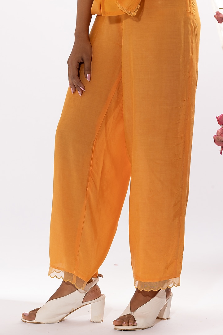 Orange Chanderi Mul Chikankari Embroidered Kalidar Kurta Set by Pants and Pajamas at Pernia's Pop Up Shop