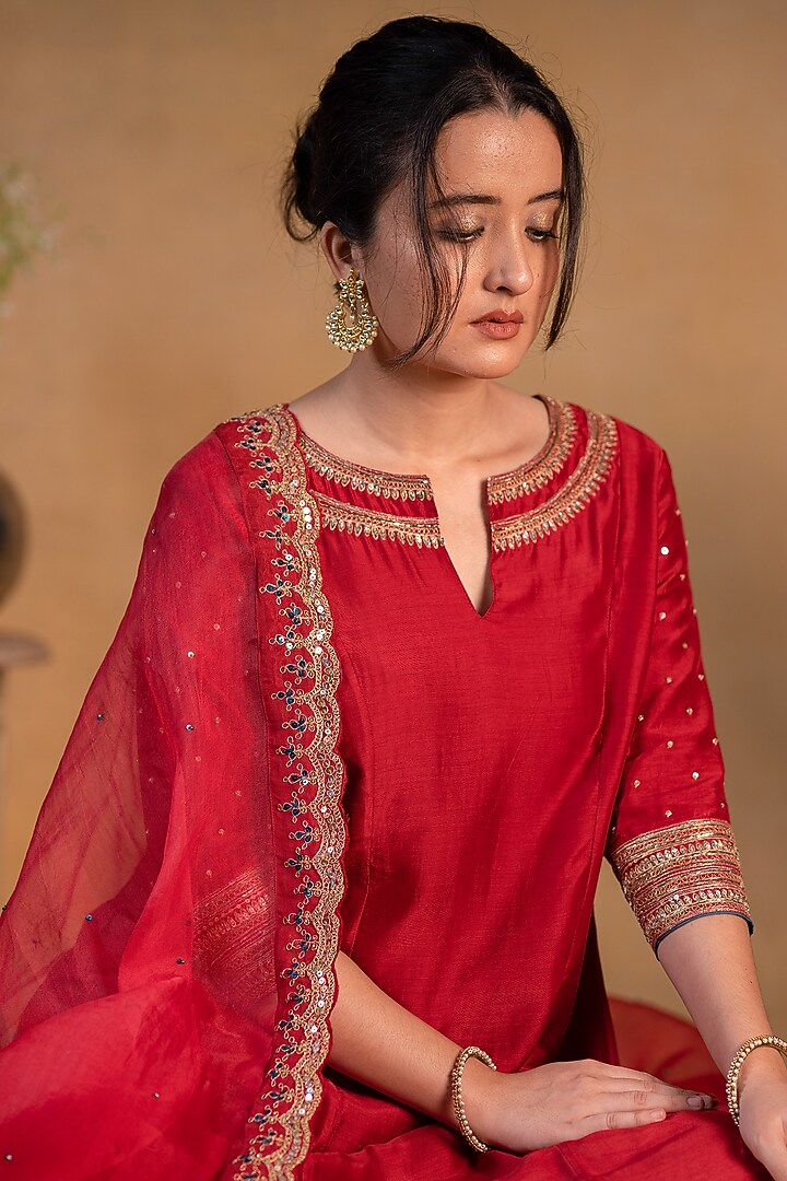 Deep Red Organza Zardosi & Sequins Embroidered Dupatta by Pants and Pajamas at Pernia's Pop Up Shop