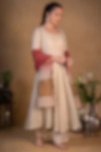 Beige & Maroon Chanderi Silk Dupatta by Pants and Pajamas at Pernia's Pop Up Shop