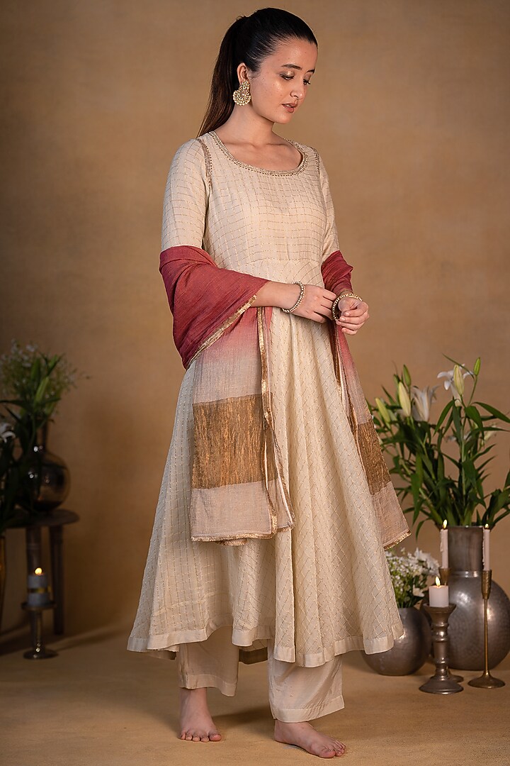 Beige & Maroon Chanderi Silk Dupatta by Pants and Pajamas at Pernia's Pop Up Shop