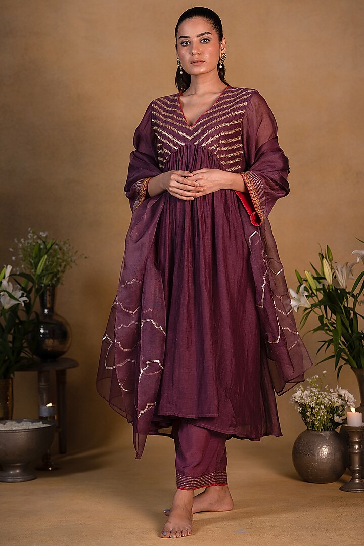 Purple Chanderi Silk Kurta Set by Pants and Pajamas