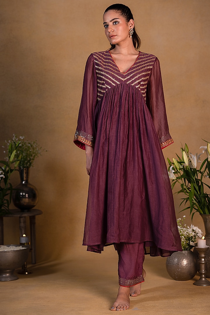 Purple Chanderi Silk Kurta by Pants and Pajamas
