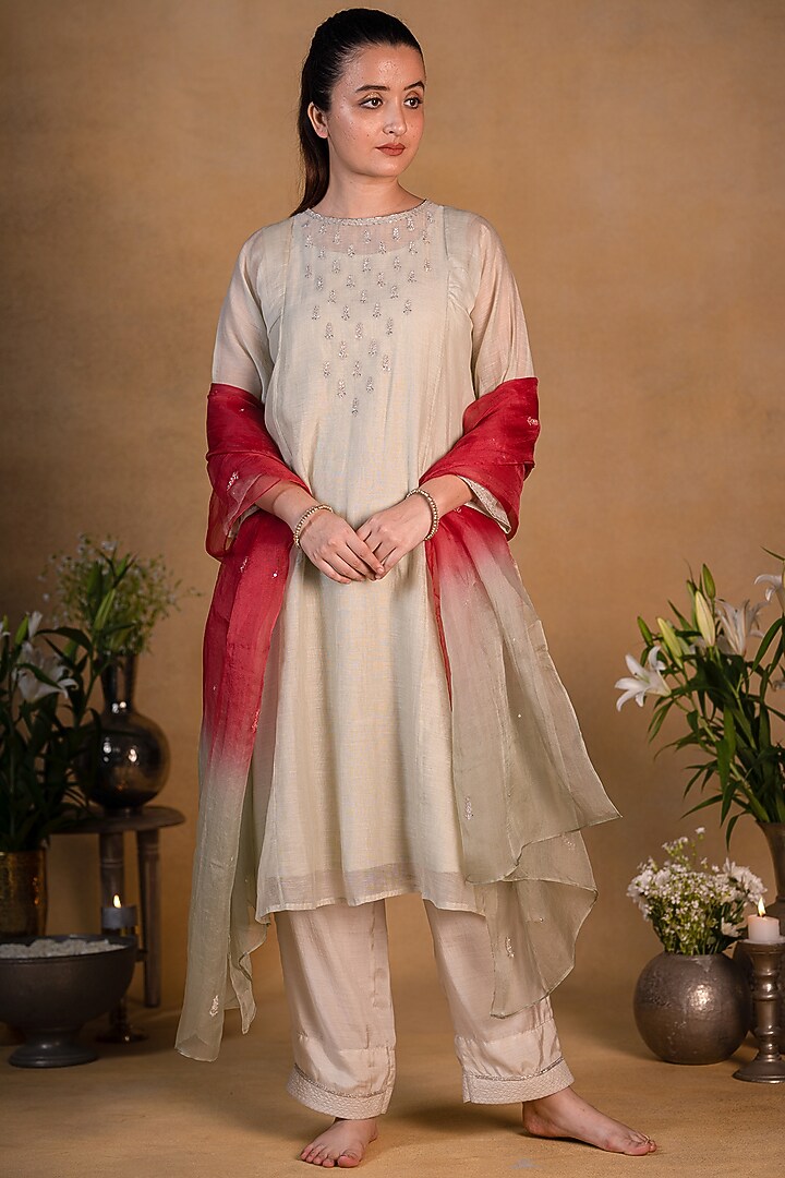 Sage Green Chanderi Silk Kurta Set by Pants and Pajamas at Pernia's Pop Up Shop