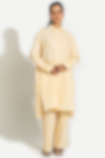 Yellow & White Handwoven Cotton Checkered Embroidered Tunic Set by Pants and Pajamas at Pernia's Pop Up Shop