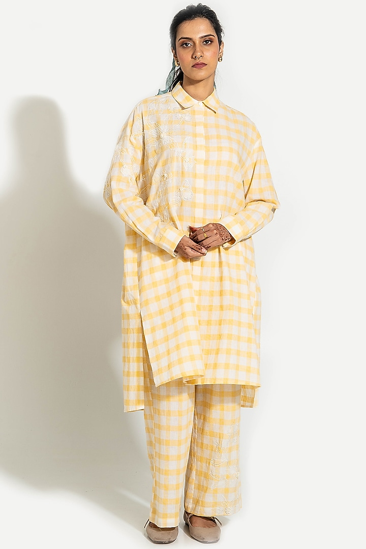 Yellow & White Handwoven Cotton Checkered Embroidered Tunic Set by Pants and Pajamas at Pernia's Pop Up Shop