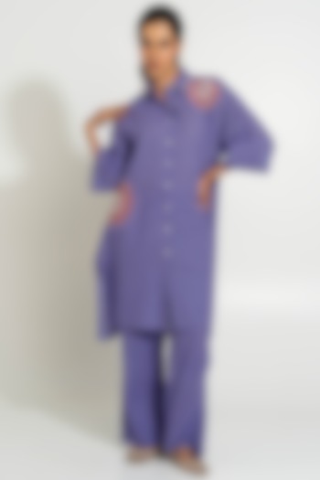 Purple Handwoven Cotton Checkered Embroidered Tunic Set by Pants and Pajamas at Pernia's Pop Up Shop