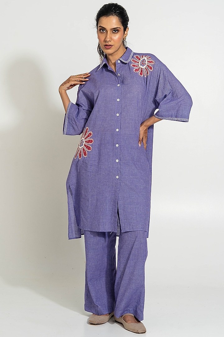 Purple Handwoven Cotton Checkered Embroidered Tunic Set by Pants and Pajamas at Pernia's Pop Up Shop