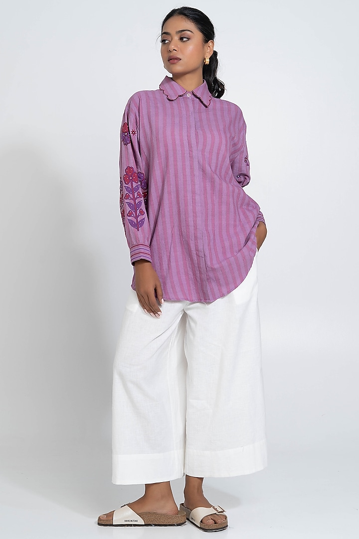 Lilac Handwoven Cotton Embroidered Stripe Shirt by Pants and Pajamas at Pernia's Pop Up Shop