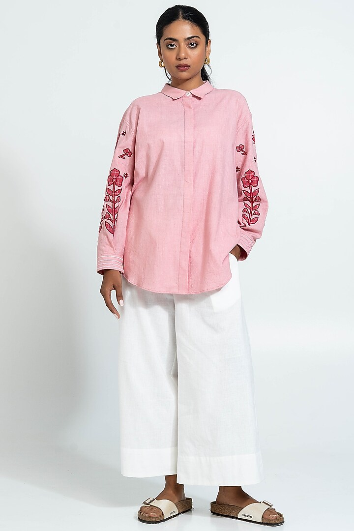 Lilac Handwoven Cotton Embroidered Stripe Shirt by Pants and Pajamas at Pernia's Pop Up Shop