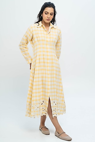 Yellow & White Handwoven Cotton Checkered Shirt Dress by Pants and Pajamas