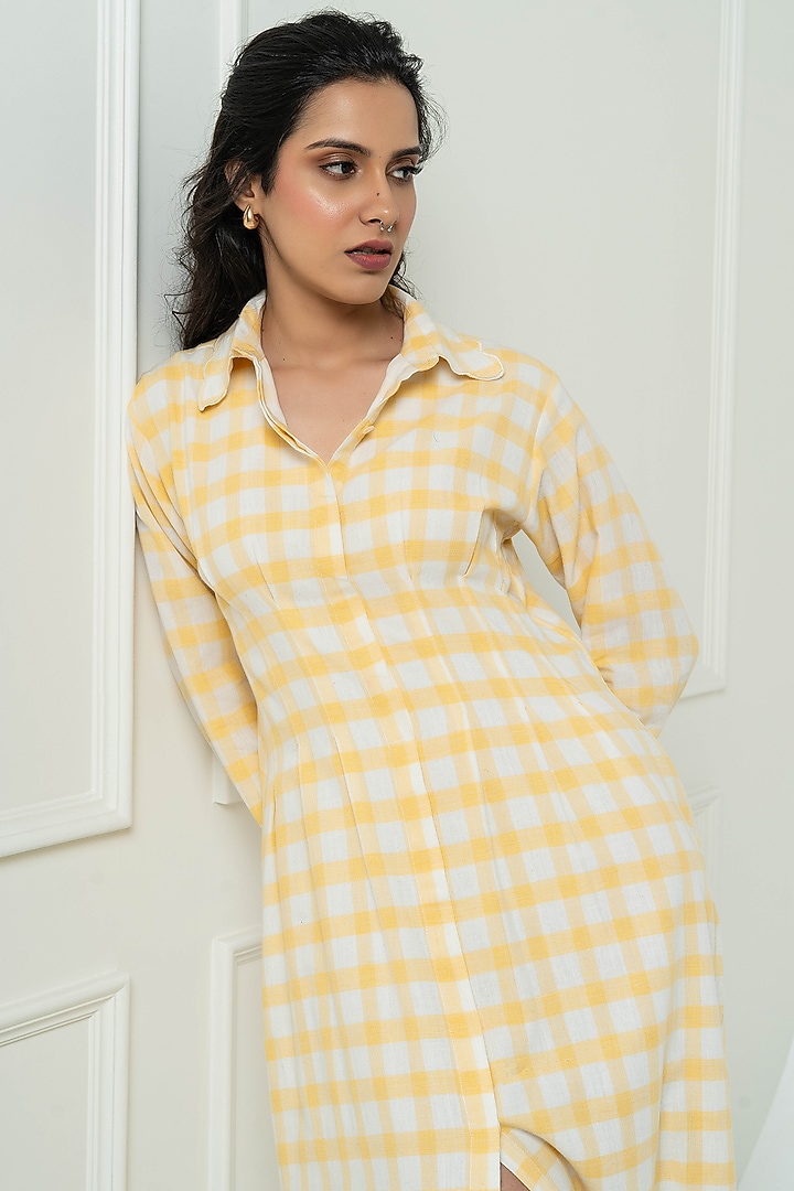 Yellow & White Handwoven Cotton Checkered Shirt Summer Dress by Pants and Pajamas at Pernia's Pop Up Shop