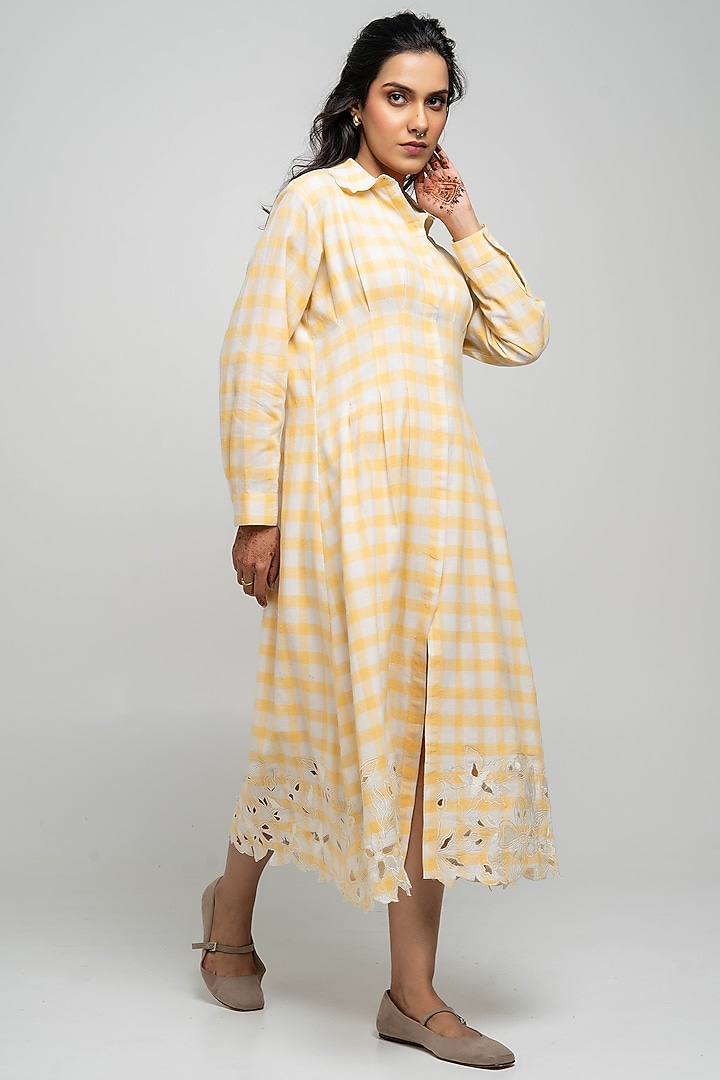 Yellow & White Handwoven Cotton Checkered Shirt Summer Dress by Pants and Pajamas at Pernia's Pop Up Shop