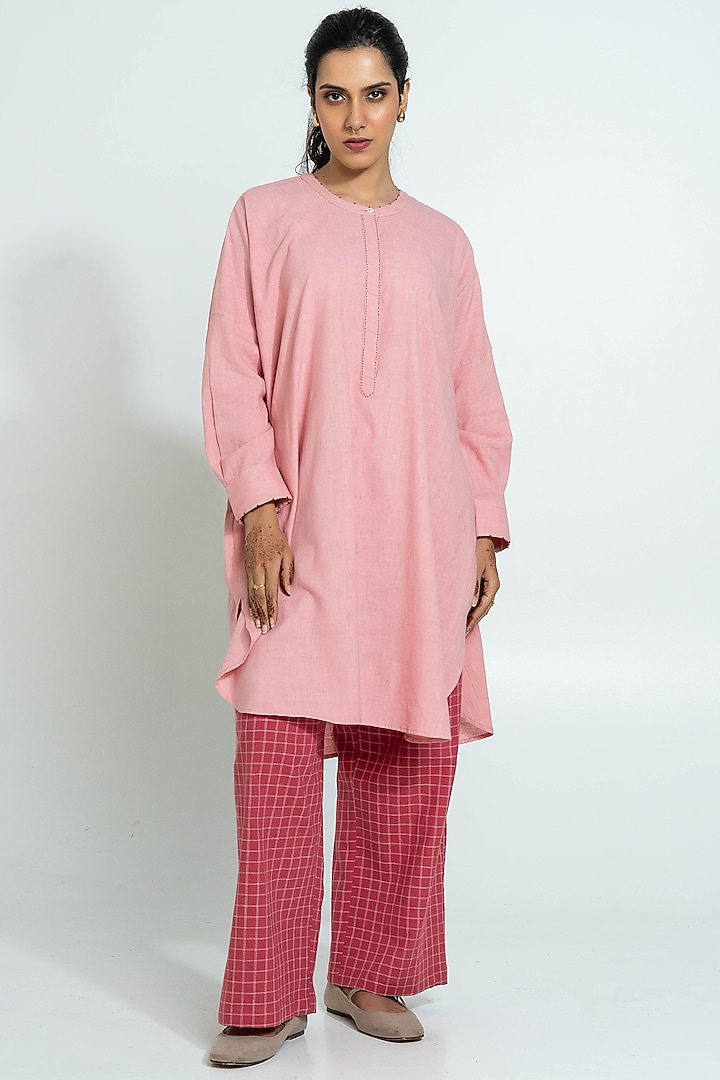 Light Pink Handwoven Cotton Embroidered Tunic Set by Pants and Pajamas at Pernia's Pop Up Shop