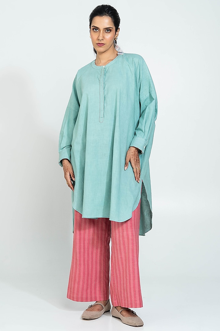 Aqua Handwoven Cotton Embroidered Tunic Set by Pants and Pajamas at Pernia's Pop Up Shop