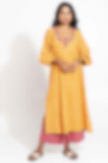 Mustard Handwoven Cotton Embroidered Kurta Set by Pants and Pajamas at Pernia's Pop Up Shop
