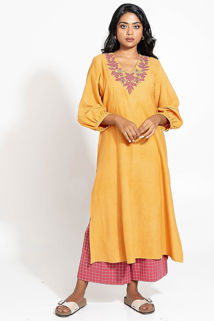 Mustard Handwoven Cotton Embroidered Kurta Set by Pants and Pajamas at Pernia's Pop Up Shop