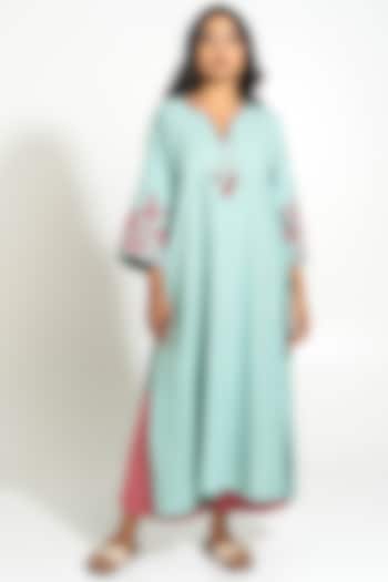 Aqua Handwoven Cotton Embroidered Kurta Set by Pants and Pajamas at Pernia's Pop Up Shop