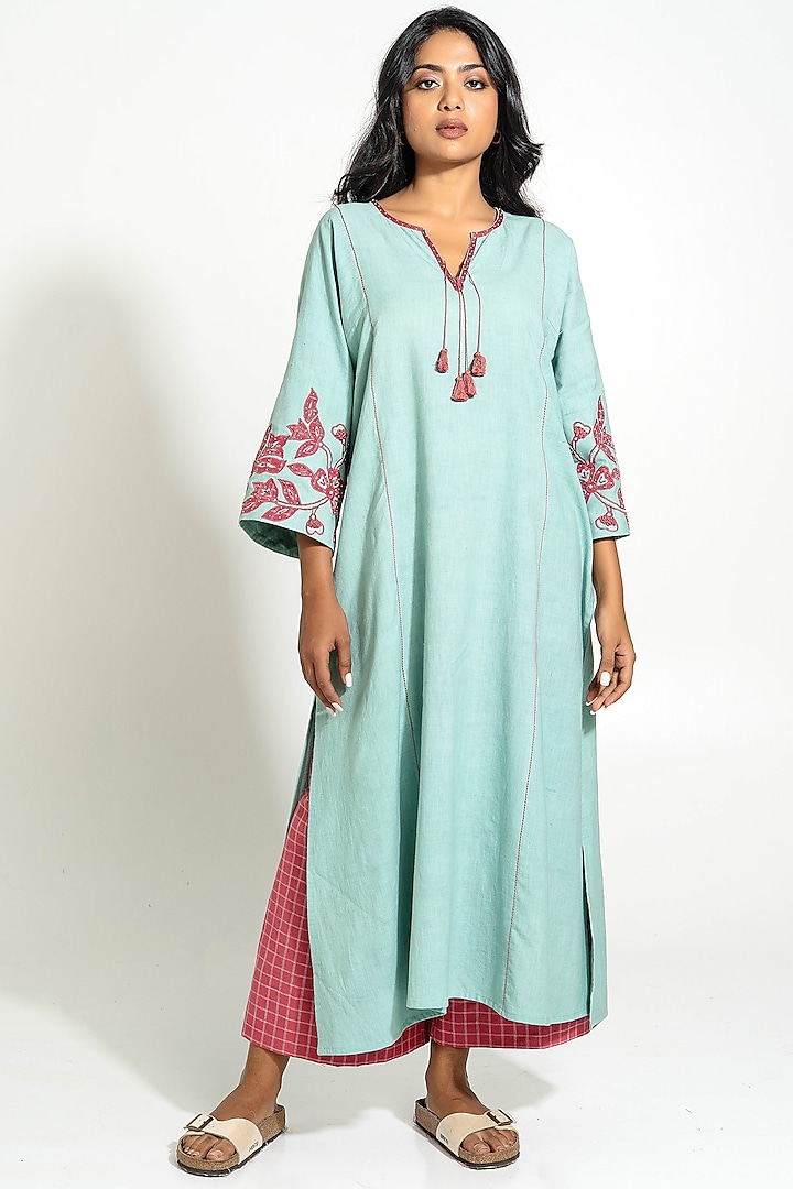 Aqua Handwoven Cotton Embroidered Kurta Set by Pants and Pajamas at Pernia's Pop Up Shop