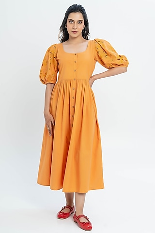 Mustard Poplin Cutwork Embroidered Dress by Pants and Pajamas