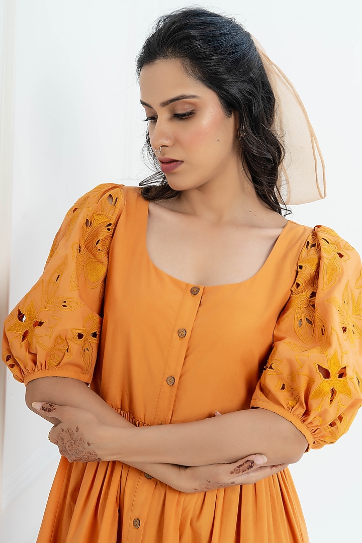 Mustard Poplin Cutwork Embroidered Summer Dress by Pants and Pajamas at Pernia's Pop Up Shop