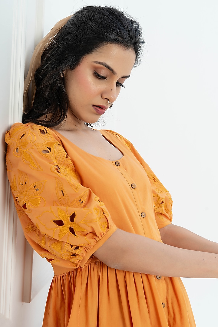 Mustard Poplin Cutwork Embroidered Summer Dress by Pants and Pajamas at Pernia's Pop Up Shop