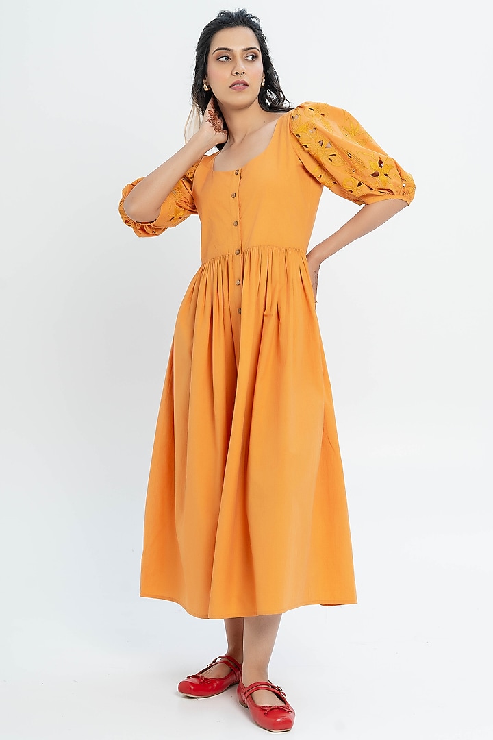 Mustard Poplin Cutwork Embroidered Summer Dress by Pants and Pajamas at Pernia's Pop Up Shop