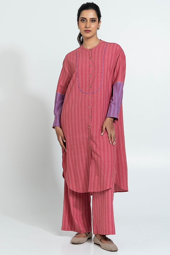 Pink Handwoven Cotton Stripe Tunic Set by Pants and Pajamas at Pernia's Pop Up Shop