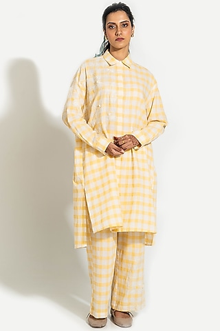Yellow & White Handwoven Cotton Checkered Embroidered Tunic by Pants and Pajamas