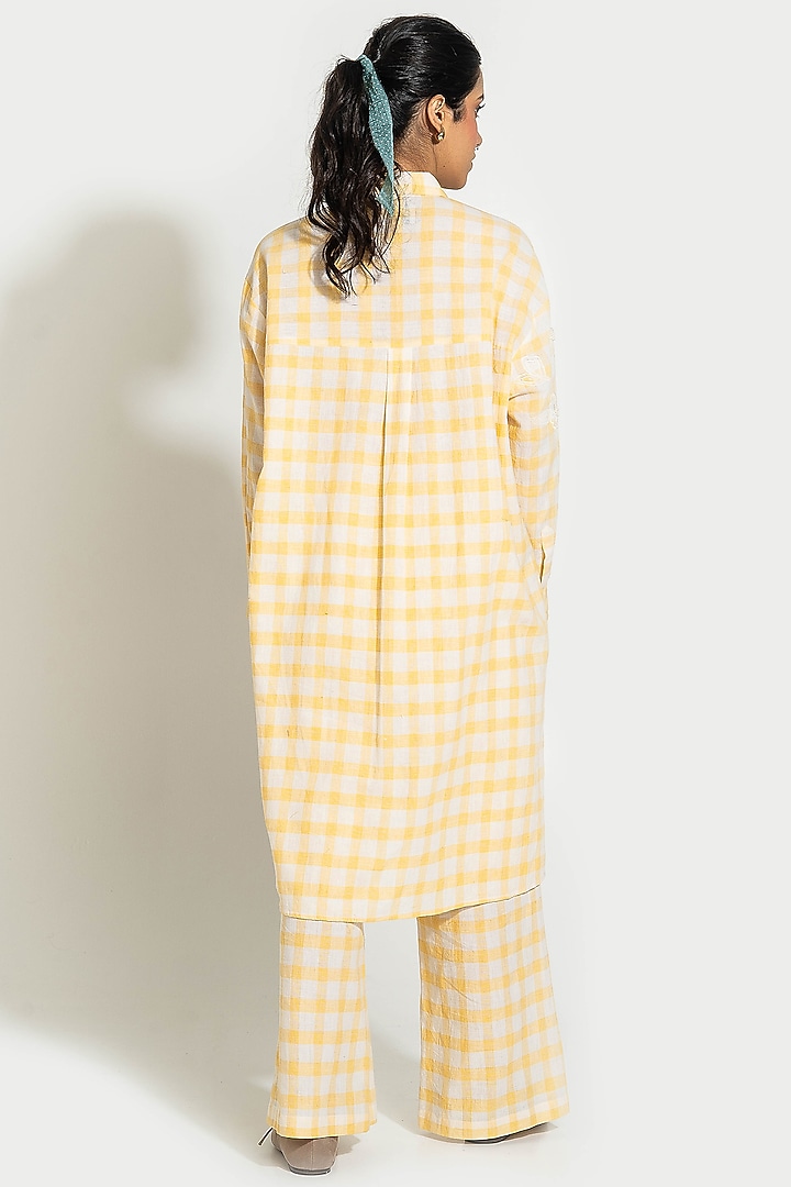 Yellow & White Handwoven Cotton Checkered Embroidered Tunic by Pants and Pajamas at Pernia's Pop Up Shop