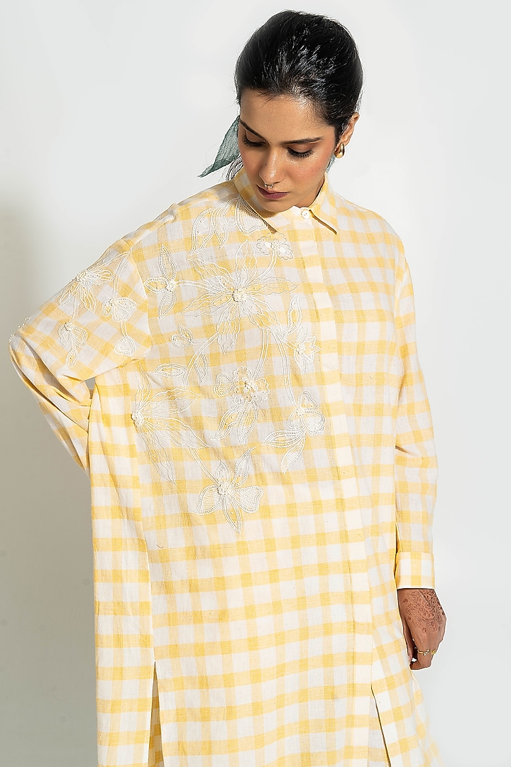 Yellow & White Handwoven Cotton Checkered Embroidered Tunic by Pants and Pajamas at Pernia's Pop Up Shop