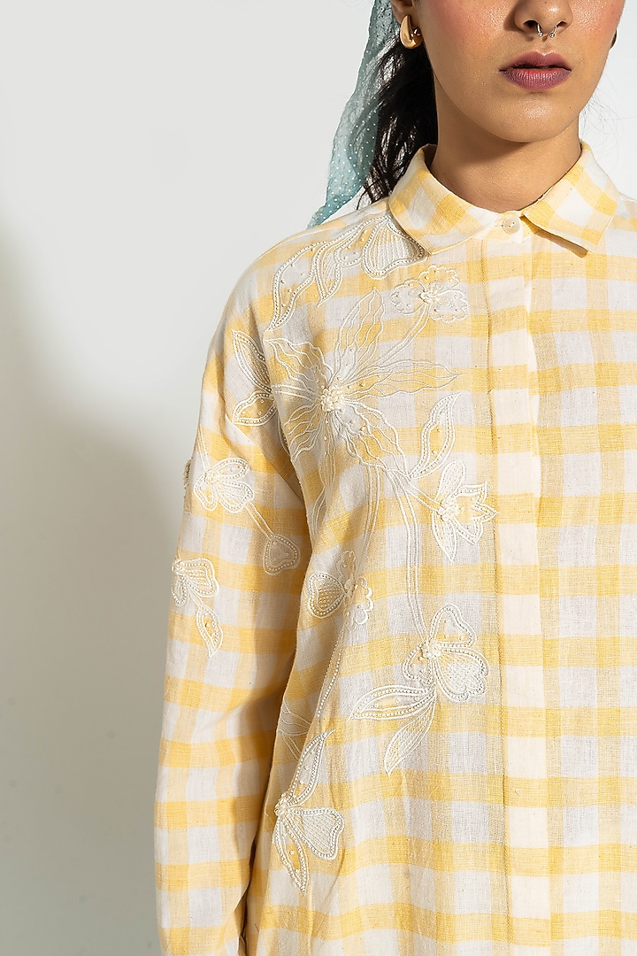 Yellow & White Handwoven Cotton Checkered Embroidered Tunic by Pants and Pajamas at Pernia's Pop Up Shop