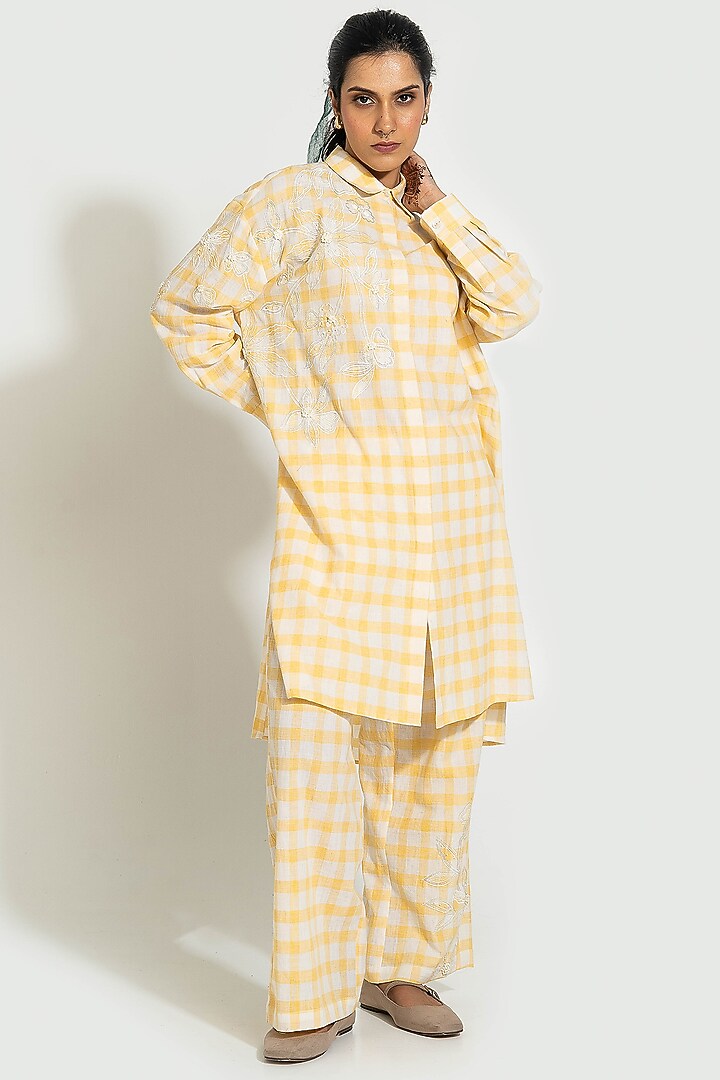 Yellow & White Handwoven Cotton Checkered Embroidered Tunic by Pants and Pajamas at Pernia's Pop Up Shop