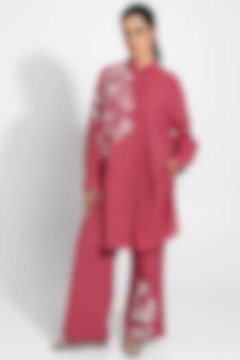 Red Handwoven Cotton Checkered Embroidered Tunic by Pants and Pajamas at Pernia's Pop Up Shop