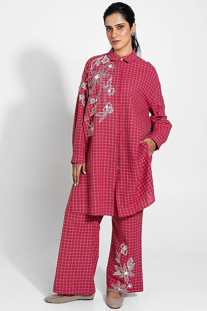 Red Handwoven Cotton Checkered Embroidered Tunic by Pants and Pajamas at Pernia's Pop Up Shop