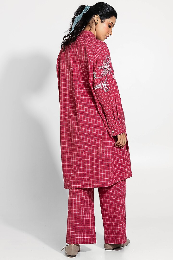 Red Handwoven Cotton Checkered Embroidered Tunic by Pants and Pajamas at Pernia's Pop Up Shop